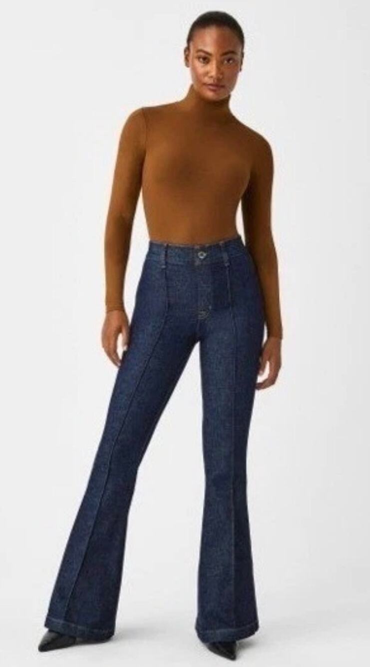 SPANX Pintuck Flare Jeans L Tall Raw Indigo High Rise Pull On Trouser Denim